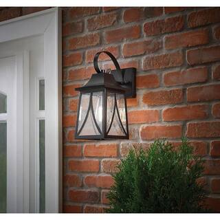 Hampton Bay Drackert 1-Light Flat Black Hardwired Outdoor Wall Lantern Sconce with Seedy Glass 28235