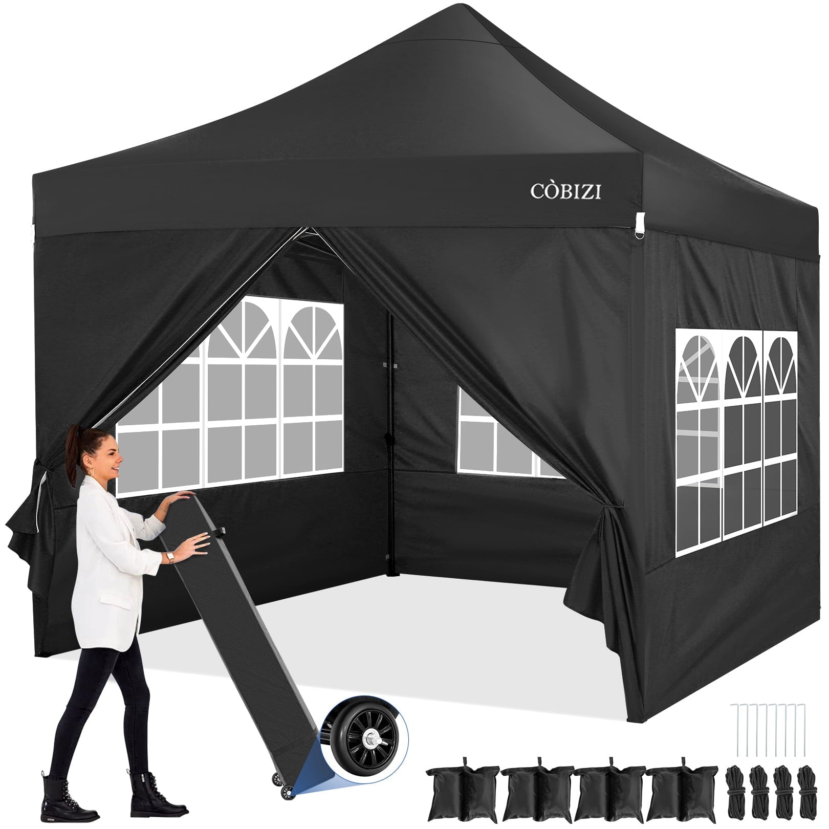 10 x 10ft Pop Up Canopy Tent Instant Outdoor Party Heavy Duty Canopy Straight Leg Commercial Gazebo Tent Shelter with 4 Removable Sidewalls, 4 Sand Bags, Roller Bag, Black