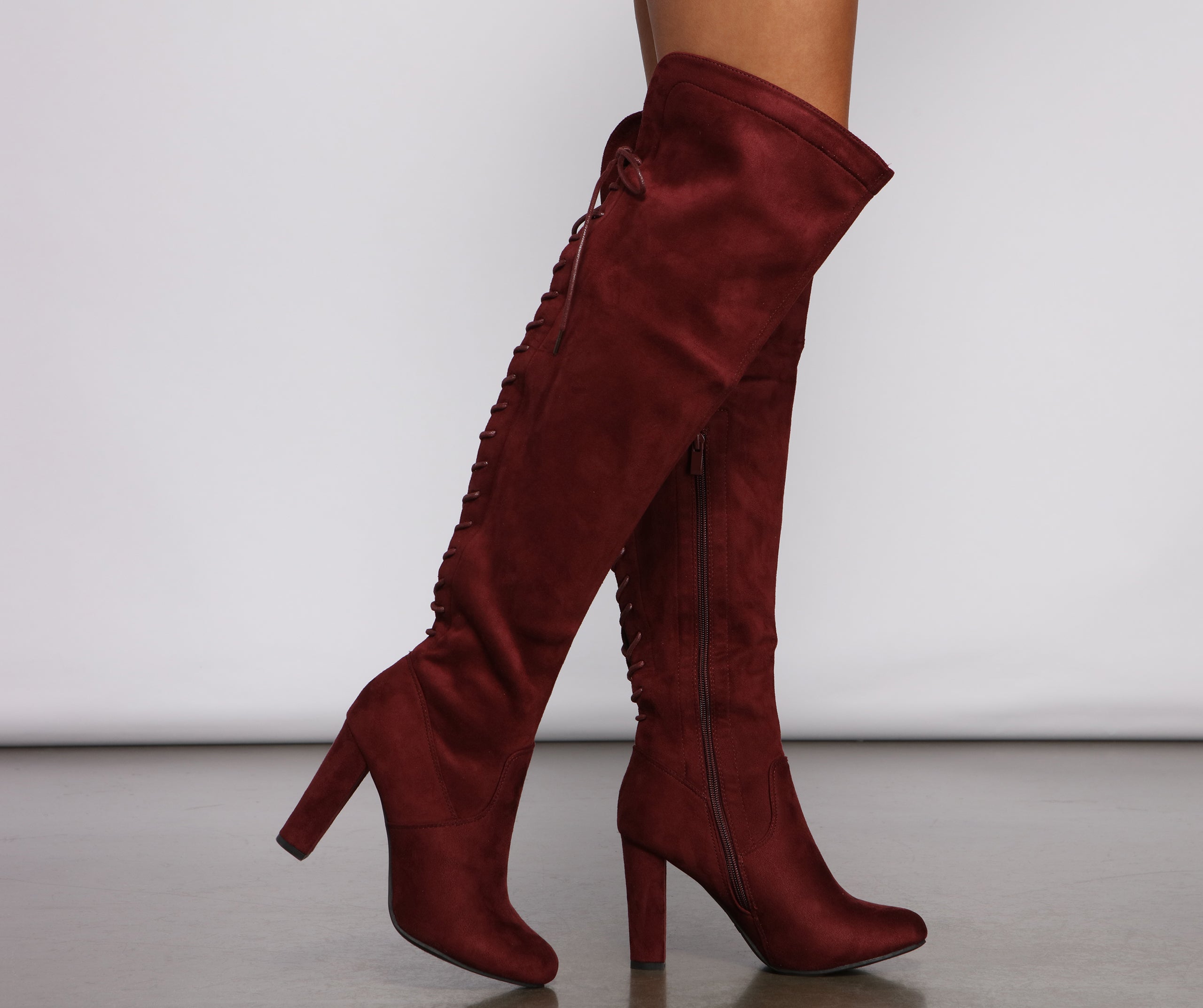 Lace Back Over The Knee Block Heeled Boots