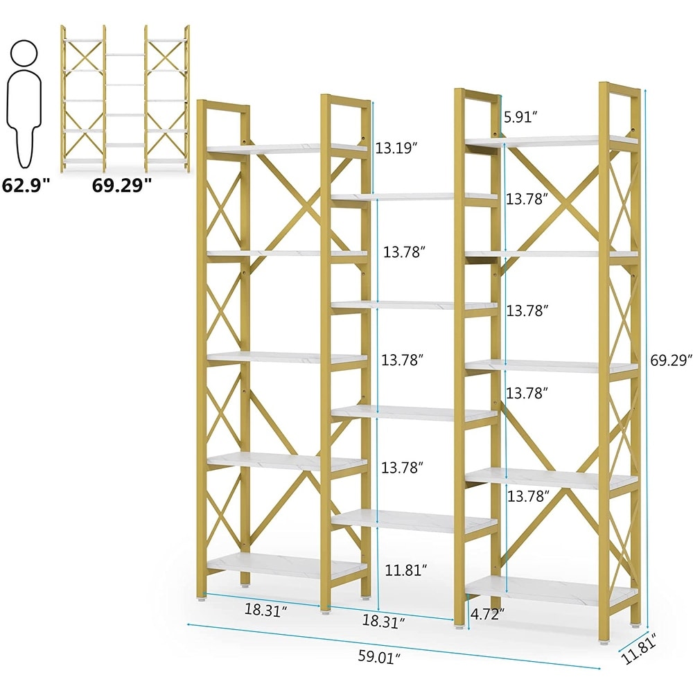 Triple Wide 5 Shelf Bookcase  Etagere Large Open Bookshelf Vintage Industrial Style Shelves Wood and Metal bookcases Furniture