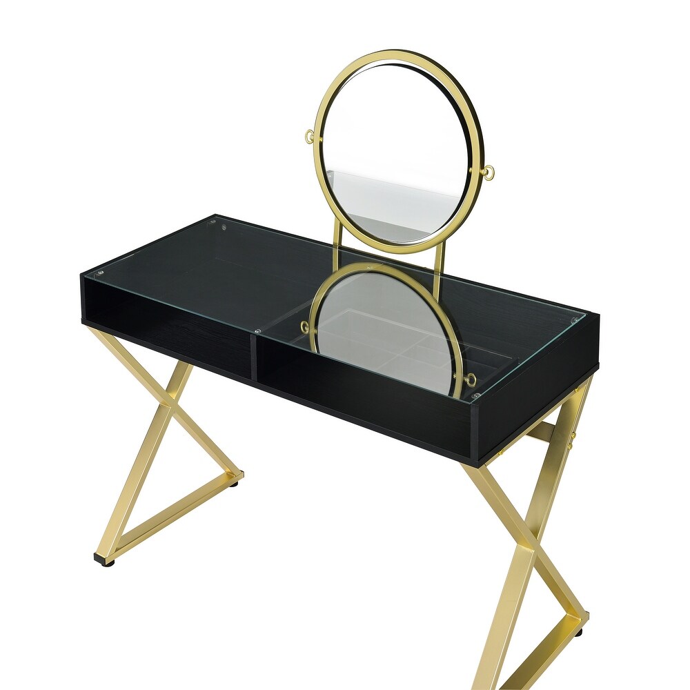 Gold Finish Vanity Desk with Mirror and Jewelry Tray