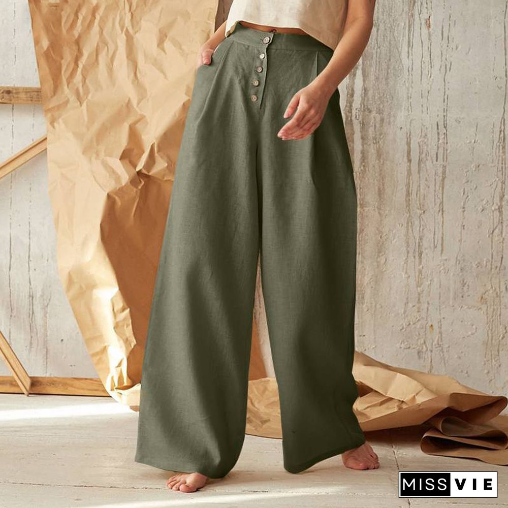 Summer High Waist Cotton Linen Button Simple Trousers Fashion Street Loose Solid Wide Leg Pants Casual Pleated Women Long Pants