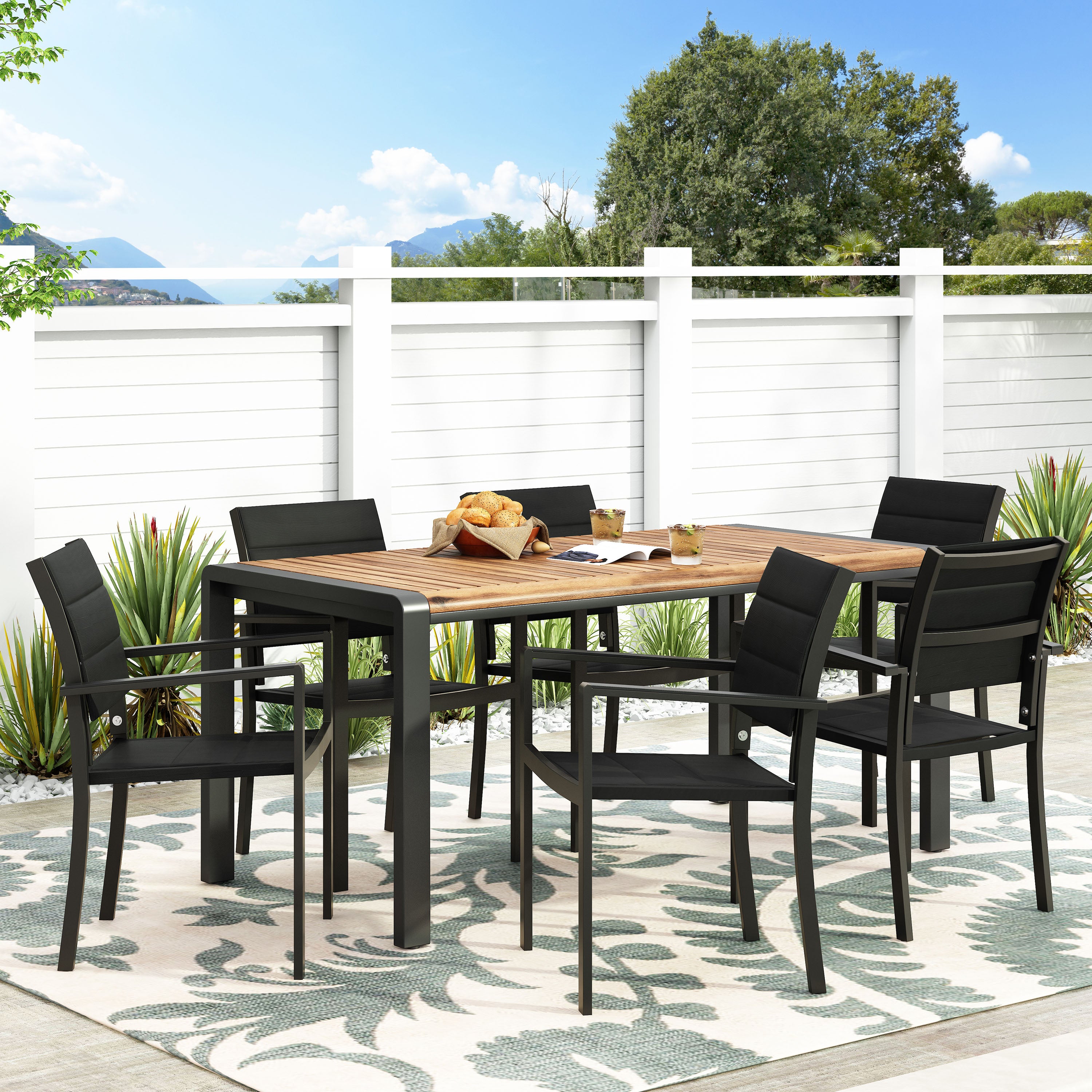 Roseland Outdoor Mesh and Acacia Wood 7 Piece Dining Set, Black and Teak