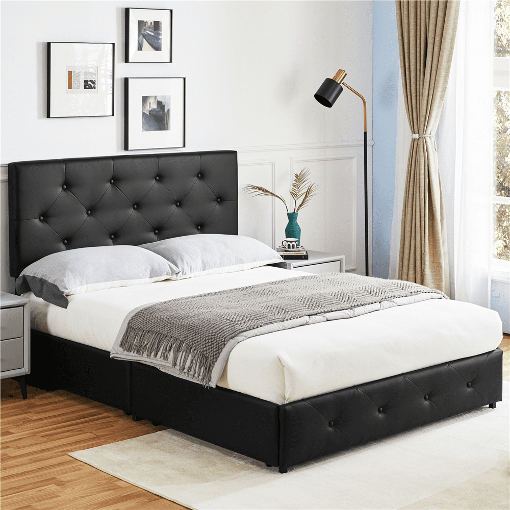 Topeakmart Full Size Upholstered Platform Bed Mattress Foundation with 4 Drawers Storage, Black