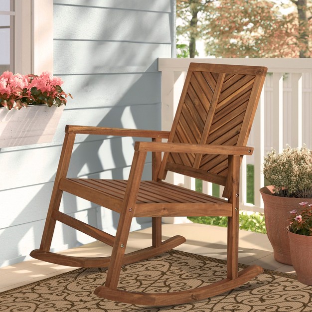 Ned Modern Chevron back Acacia Wood Patio Outdoor Rocking Chair Jonathan Y