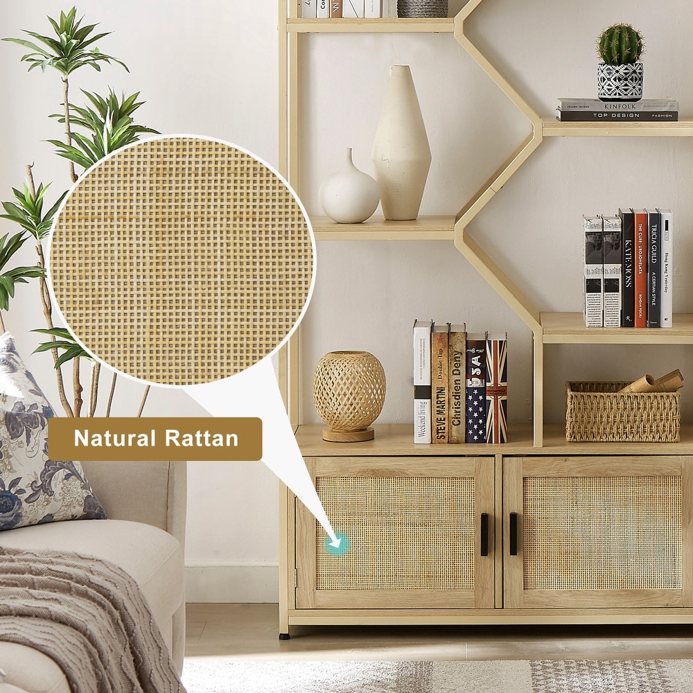 Natural Style Rattan Bookshelf  Plant Stand  7 Tier Bookcase Storage Rack with Cabinet  Display Shelf for Living Room  Office