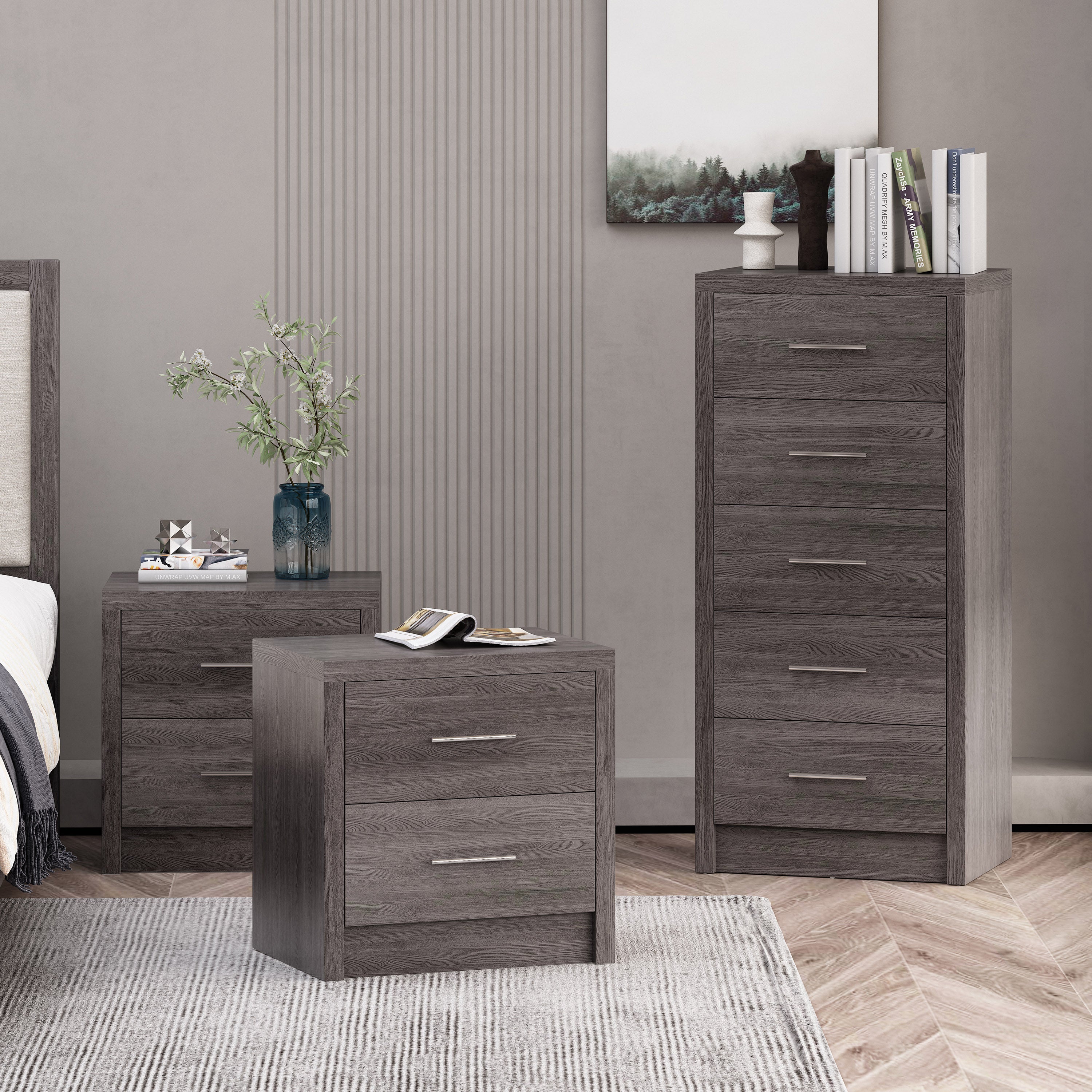 Marlette Modern 3 Piece 5 Drawer Dresser and Nightstand Bedroom Set