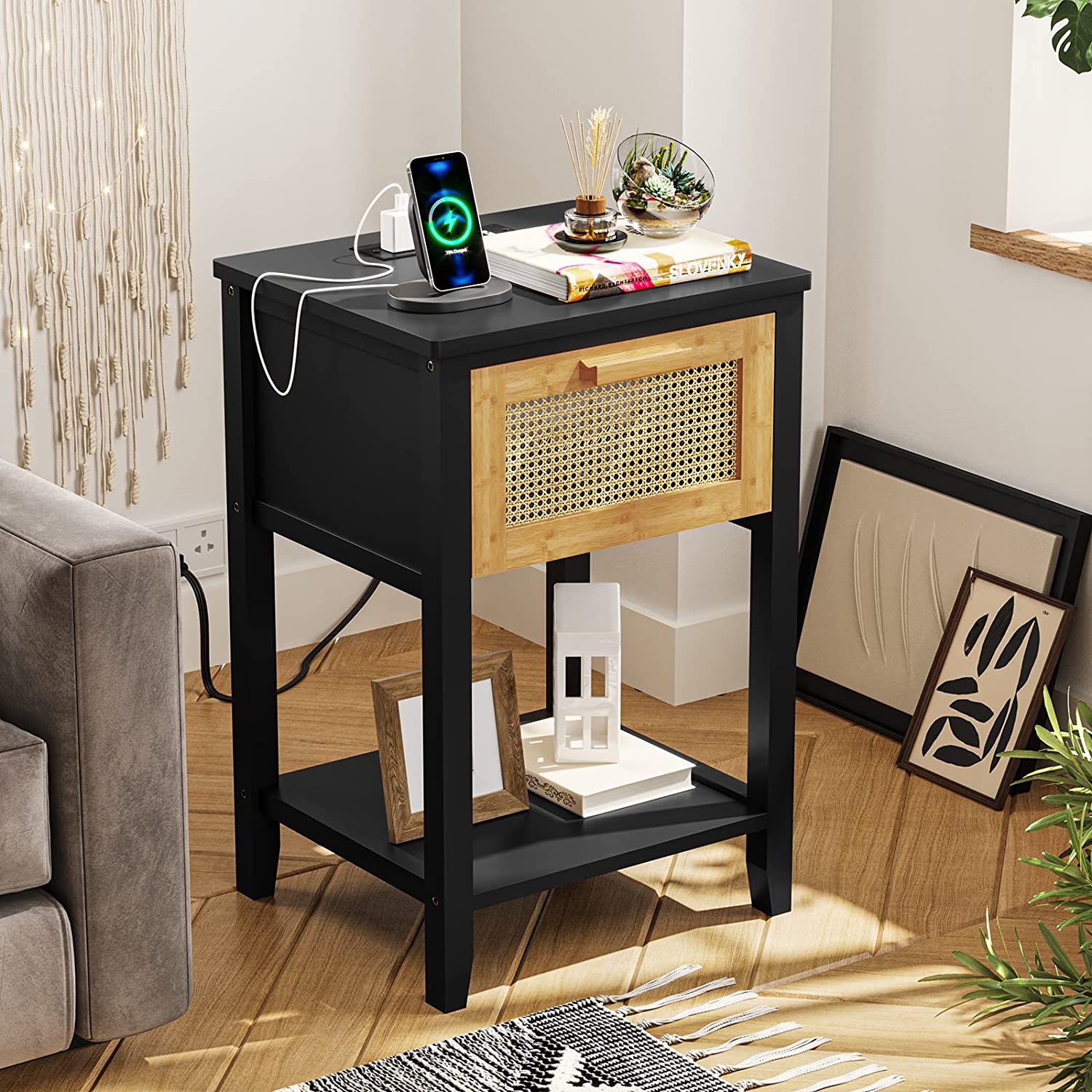 Rattan Nightstand Set of 2 with Charging Station, BedSide Table, Black Finish