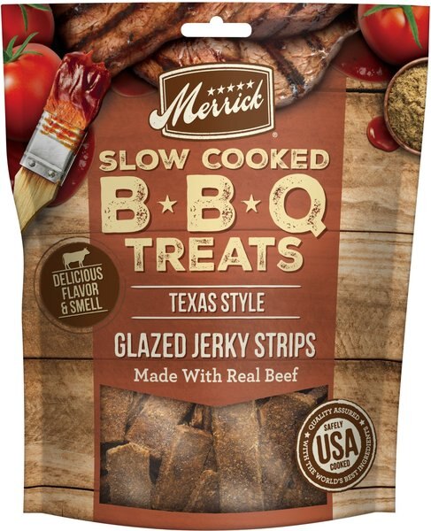 Merrick Slow Cooked BBQ Beef Texas Style Glazed Jerky Strips Dog Treats， 10-oz pouch