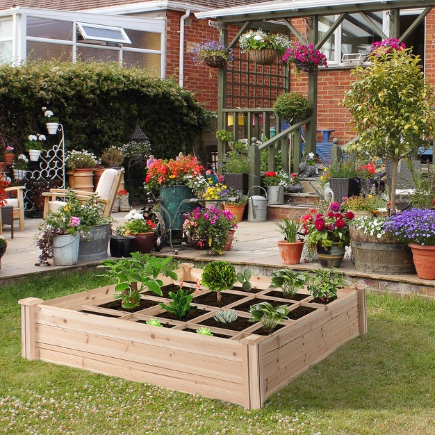 Outsunny 4ft X 4ft Raised Garden Bed， Wooden Planter Box With Segmented Growing Grid For Plants and Herbs， Natural Wood