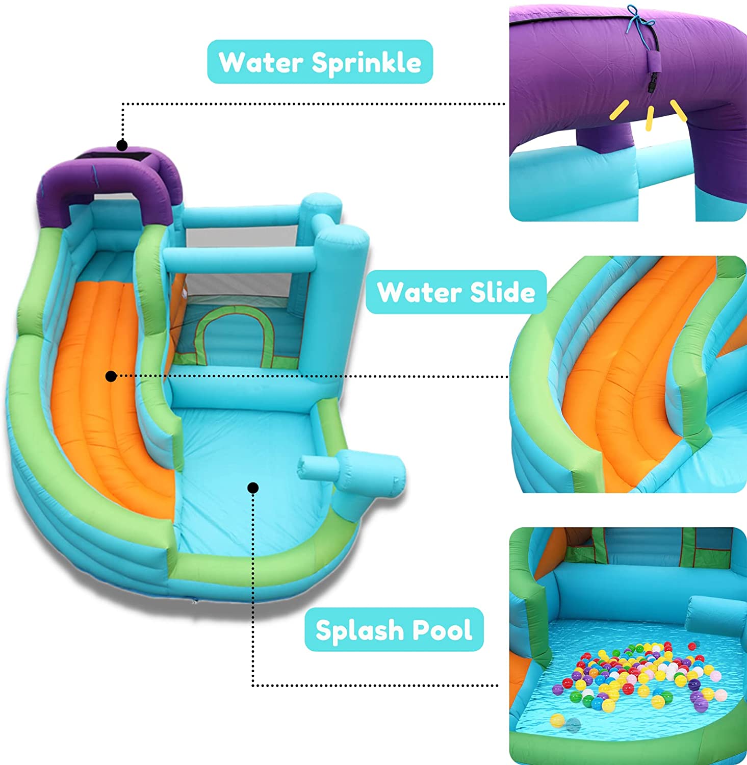 Inflatable Water Slide Bounce House, 6 in 1 Kids Jumping Castle Water Park w/Splash Pool, Waterslides, Climbing, Water Cannon, Blow up Water Slides for Kids Backyard