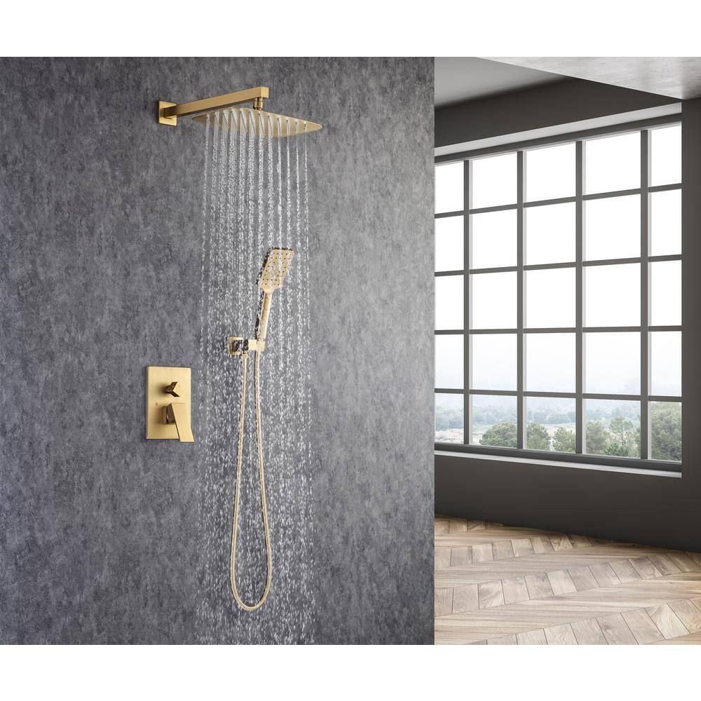 Mondawe Mondawell Square 3-Spray Patterns 12 in. x 8 in. Wall Mount Rain Dual Shower Heads with Handheld  Valve in Brushed Gold MA-D97202LSJ