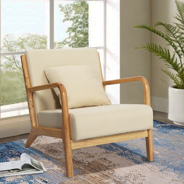 Linen Accent Chairs with Wood Legs - Upholstered Lounge Arm Chairs