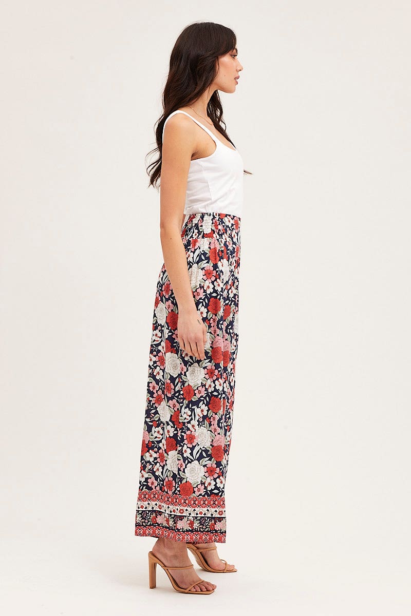 Boho Print Wide Leg Pants High Rise Elastic Waist