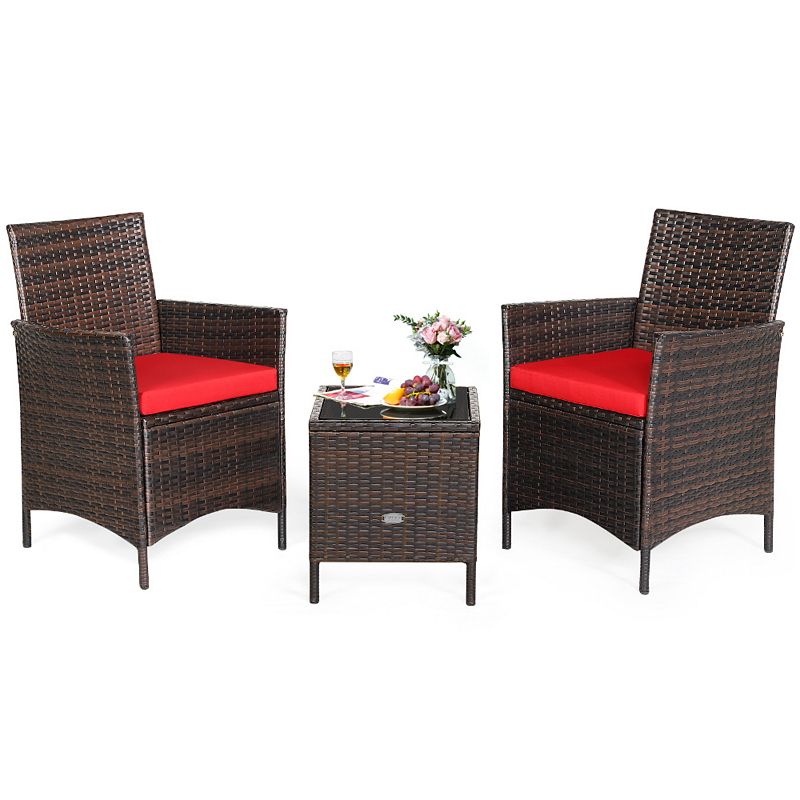 3 Pieces Patio Rattan Furniture Set Cushioned Sofa and Glass Tabletop Deck