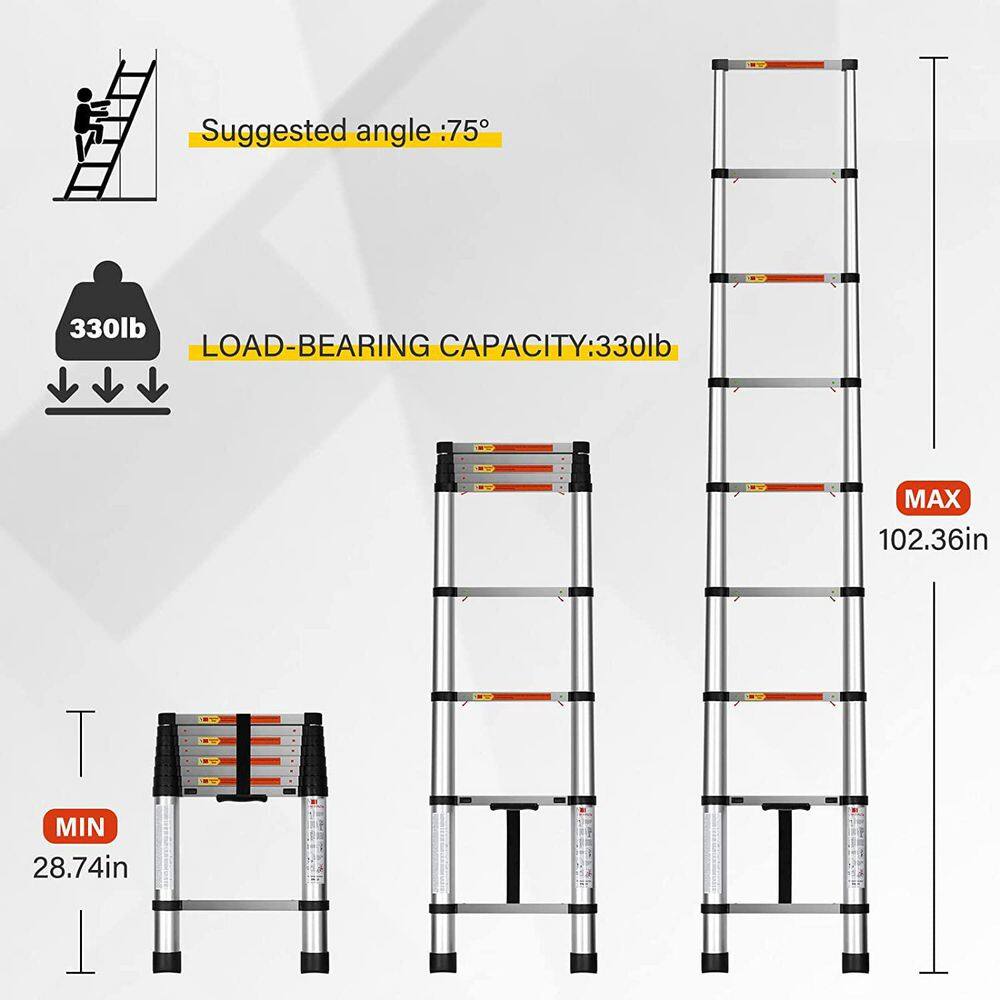 8.5 ft. Aluminum One-Button Retraction Telescoping Portable Compact Ladder Extension Ladder 330 lbs. Load Capacity Mile-LKD0-TMPX