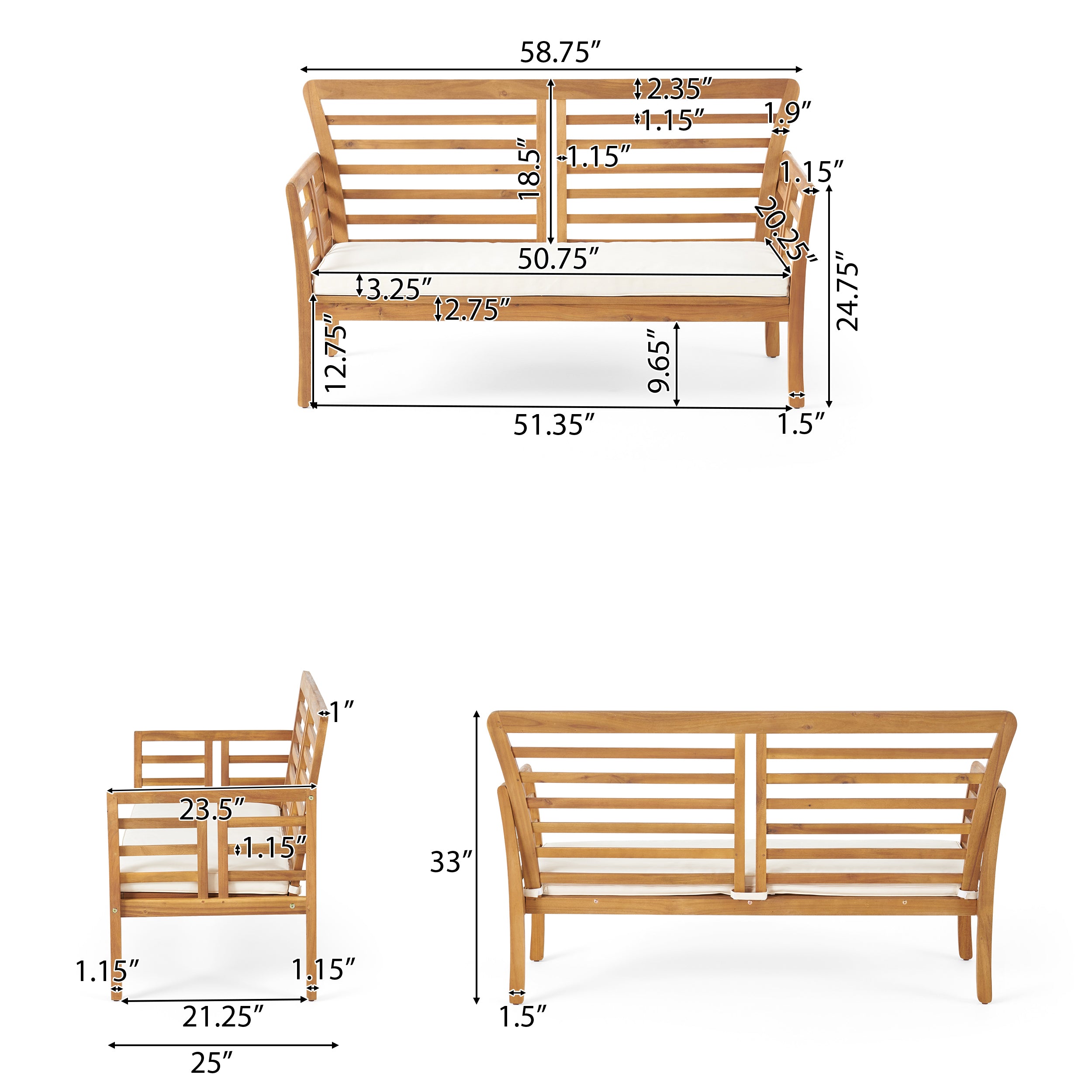 Louis Outdoor 4-piece Solid Wood Chat Set with Cushions