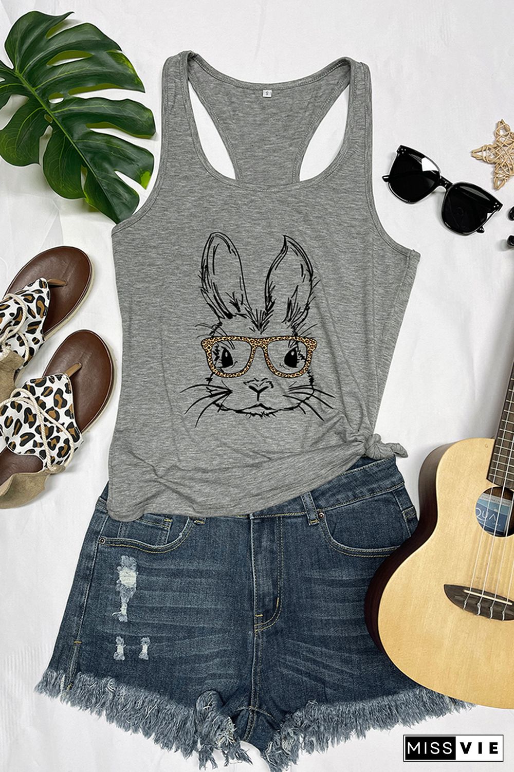 Easter Bunny With Glasses Printed Sleeveless Tank Top Wholesale