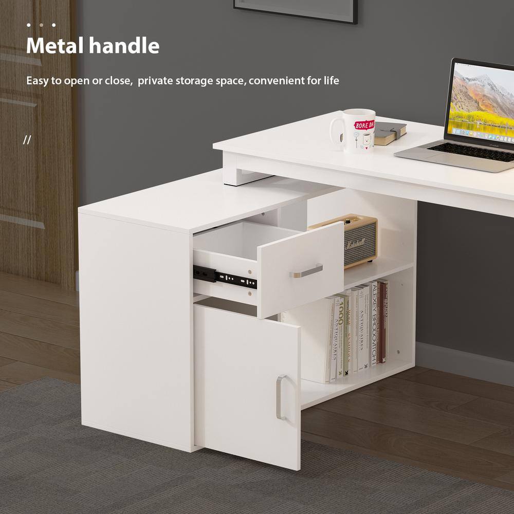 FUFUGAGA L-Shaped Wooden Computer Desk White Finish with 1 Drawer Open Shelves and Eco-Friendly Paint Finish 55.1 in. W LBB-KF210175-01