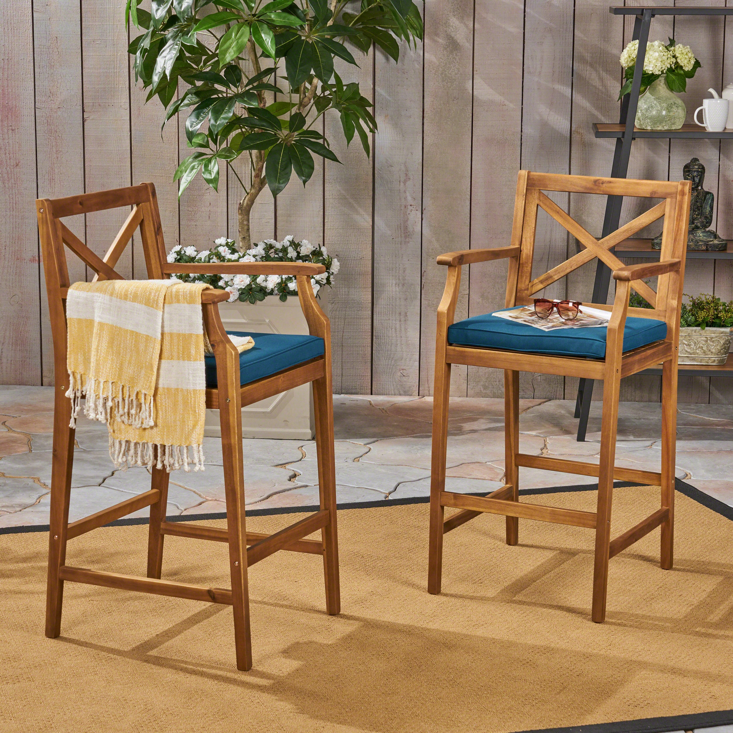 Logan Outdoor Acacia Wood Barstool (set of 2)