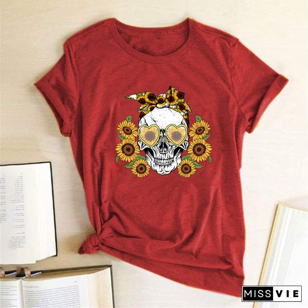 Skull Sunflowers Print T-shirts Women Summer Graphic Tees Gothic ShirtsFor Women Loose Aesthetic Clothes Ropa Mujer