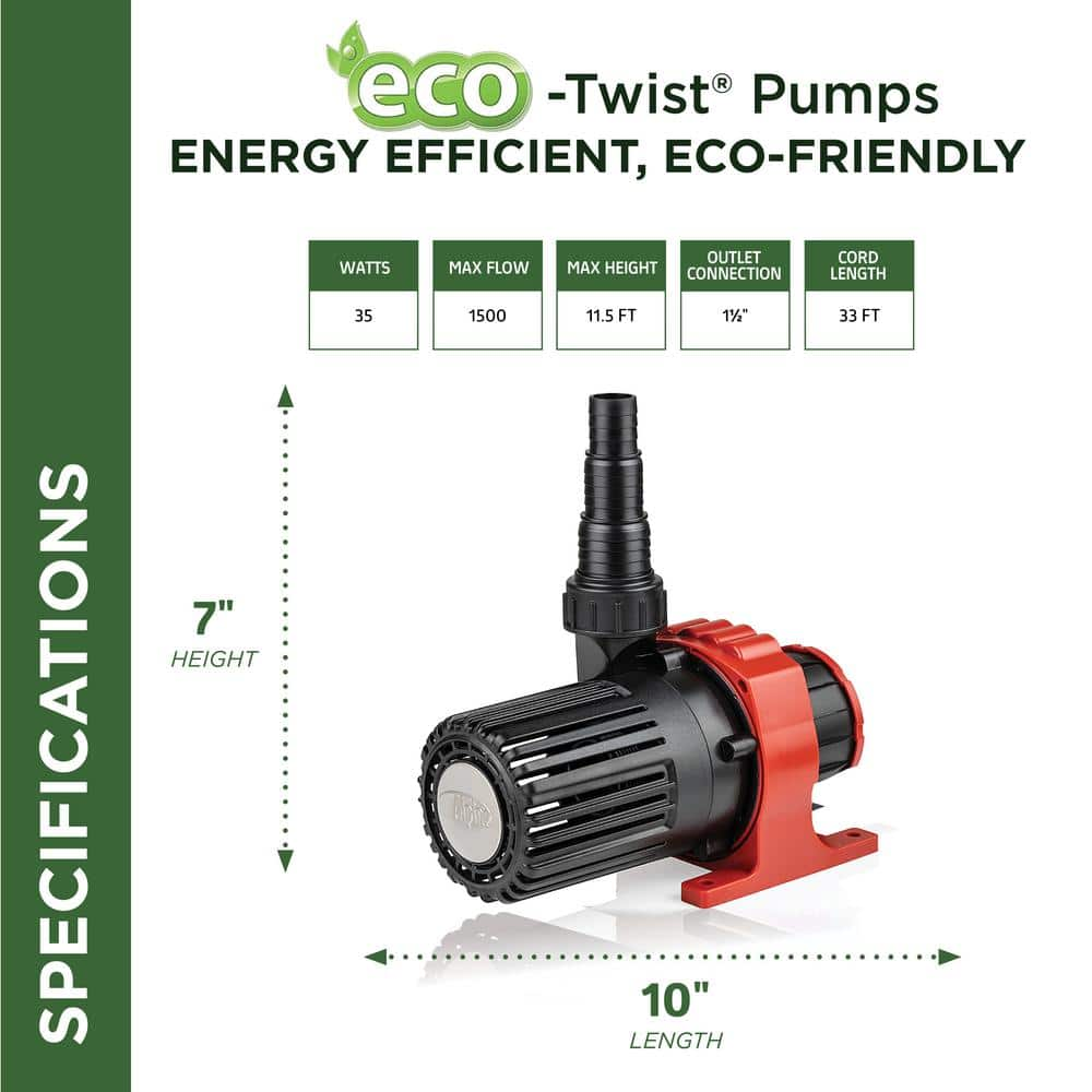 Alpine Corporation Eco-Twist Energy-Saving Pump 1500GPH with 33' Cord PXX1500