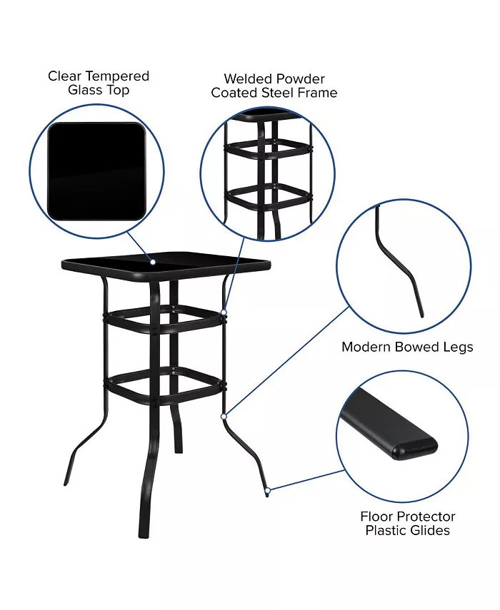 EMMA+OLIVER 27.5 Square Tempered Glass Bar Height Metal Patio Bar Table