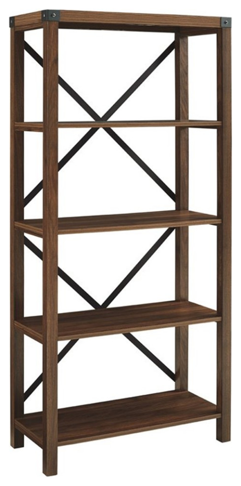 64 quotFarmhouse Metal X Bookcase with 4 Fixed Shelves in Dark Walnut   Industrial   Bookcases   by Homesquare  Houzz