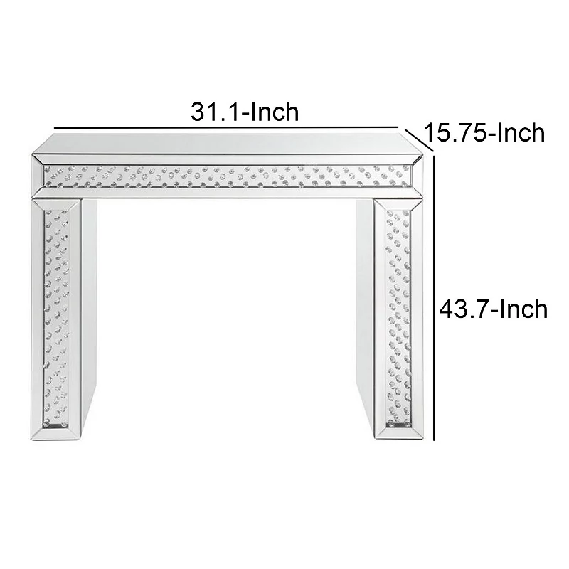 Mirror Accented Wood And Glass Vanity Desk With Faux Crystal Inlay， Silver