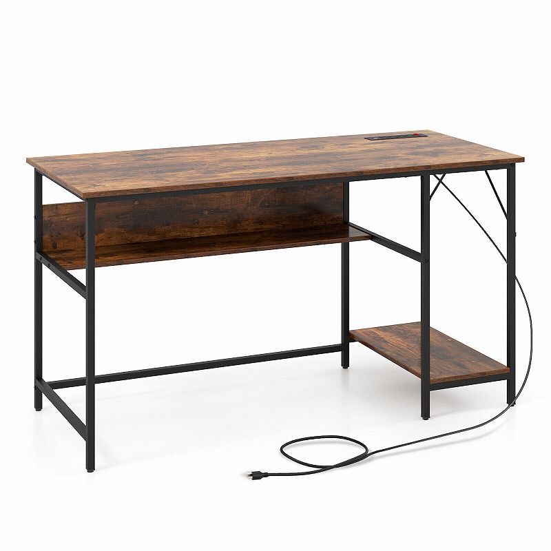 55 Inches Computer Desk With Charging Station-Brown