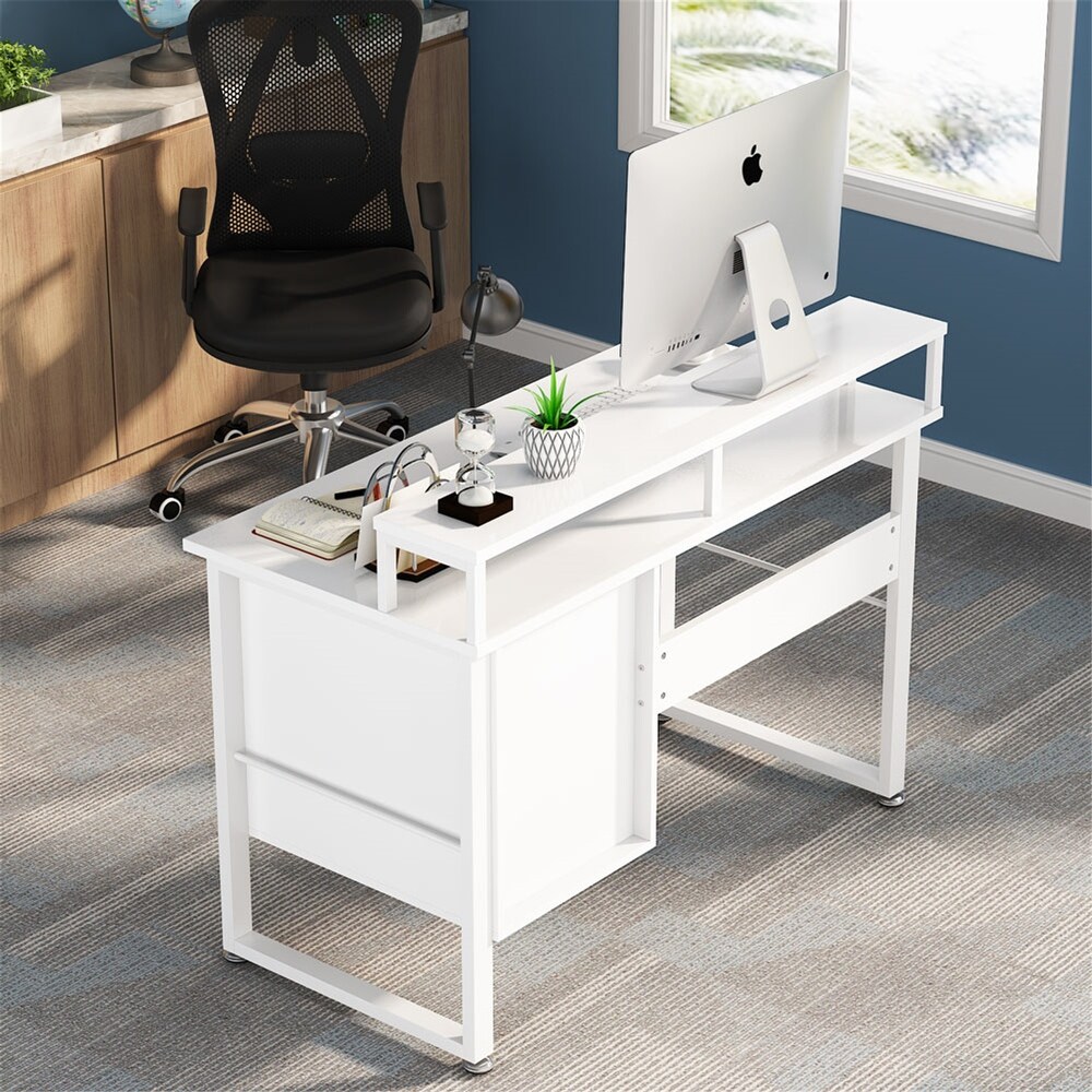 47 Inches White Computer Desk with Hutch  Home Office Desks with 2 Drawers Storage