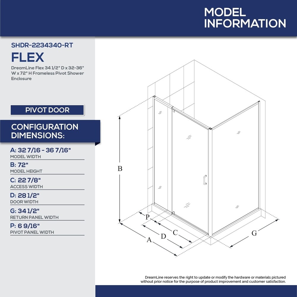 DreamLine Flex 36 in. D x 36 in. W x 76 3/4 in. H Pivot Shower Enclosure  Shower Base and Backwall Kit   36\