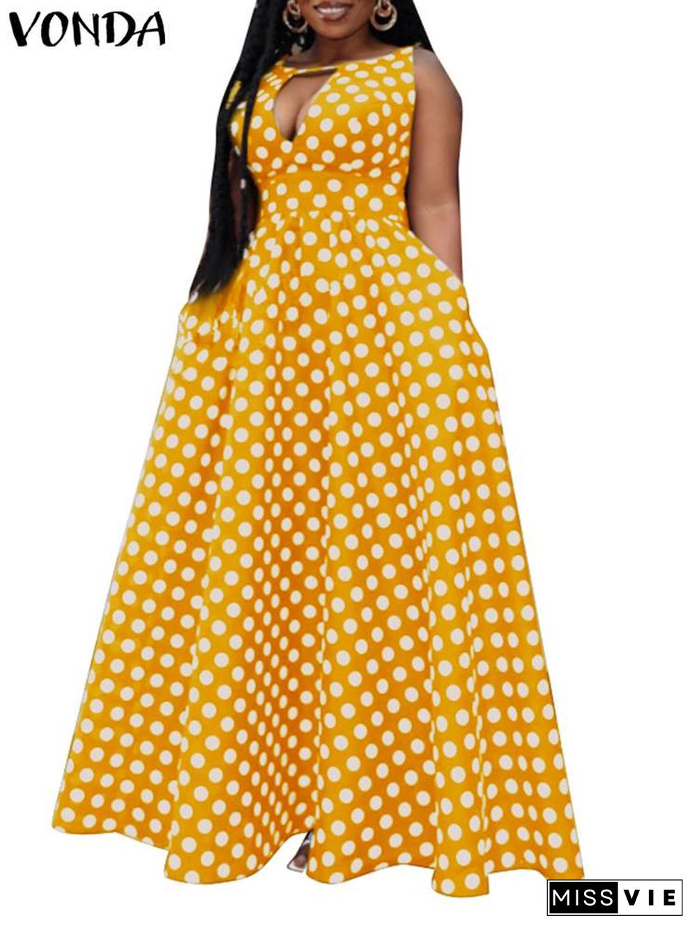 Women Summer Dress VONDA Holiday Deep V Neck A-line Big Swing Party Dress Sexy Polka Dot Vestidos Sleeveless Robe Femininas