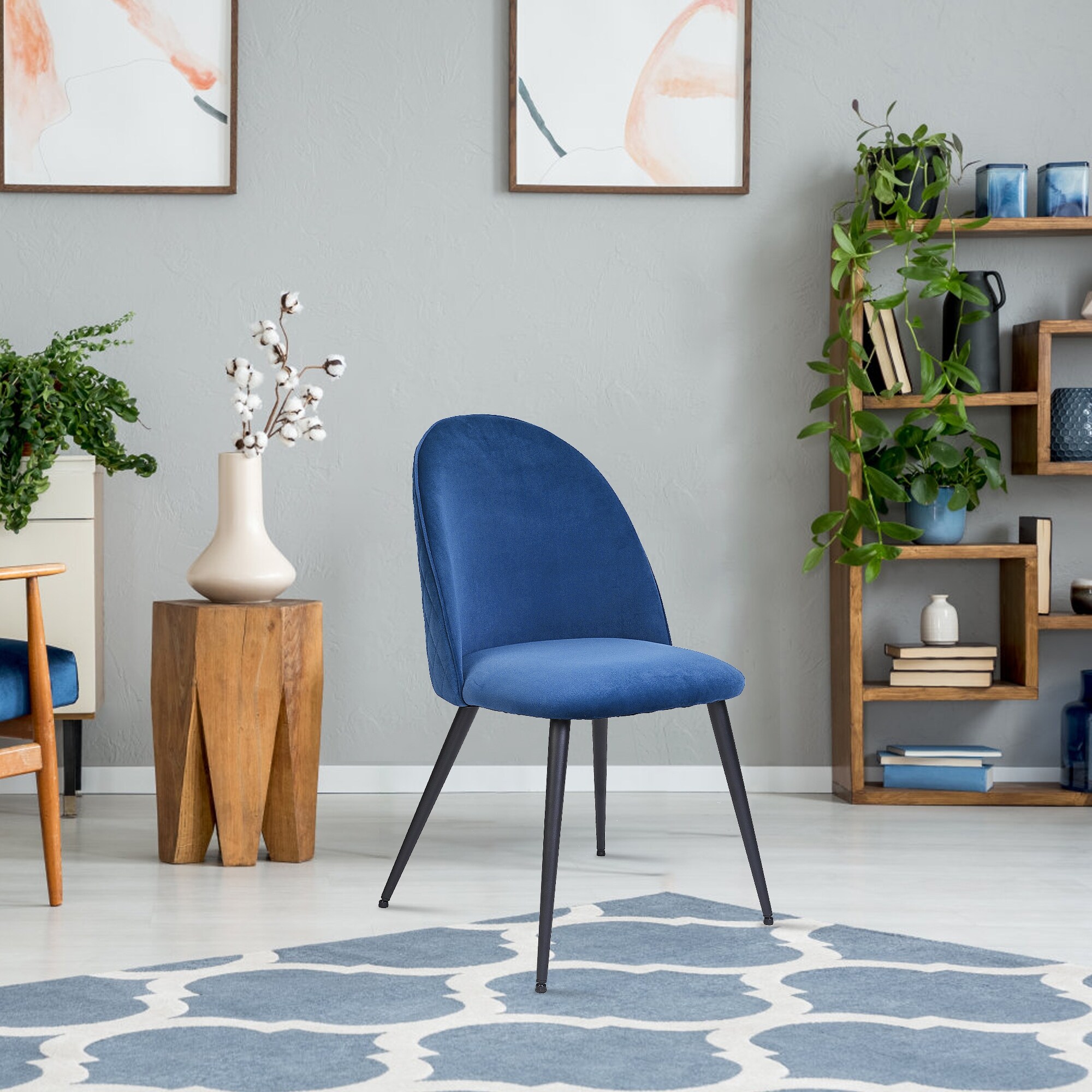 Dining Chair， Blue Velvet， Metal Black legs， Set of 2 Side Chairs