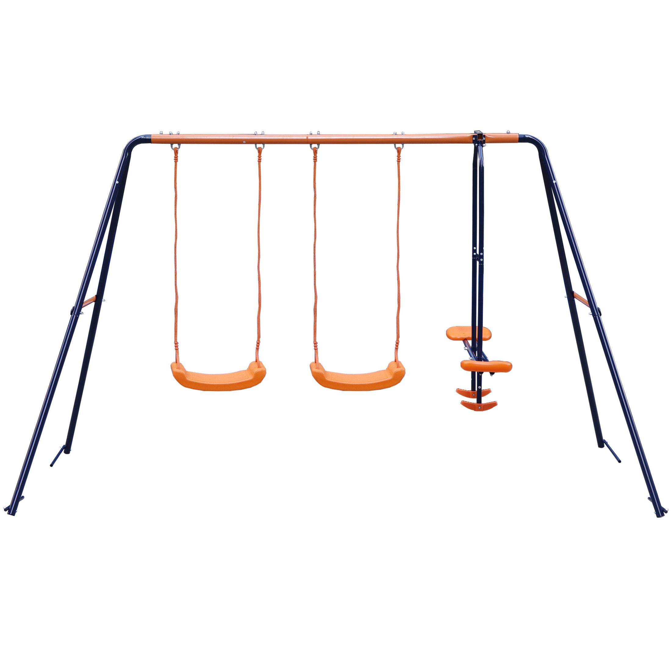 A-Frame Metal Double Swing Set with 2 Seats with 1 Seesaw Play Set for Children Play in The Garden Patio Outdoor， Max Weight 400 LBS