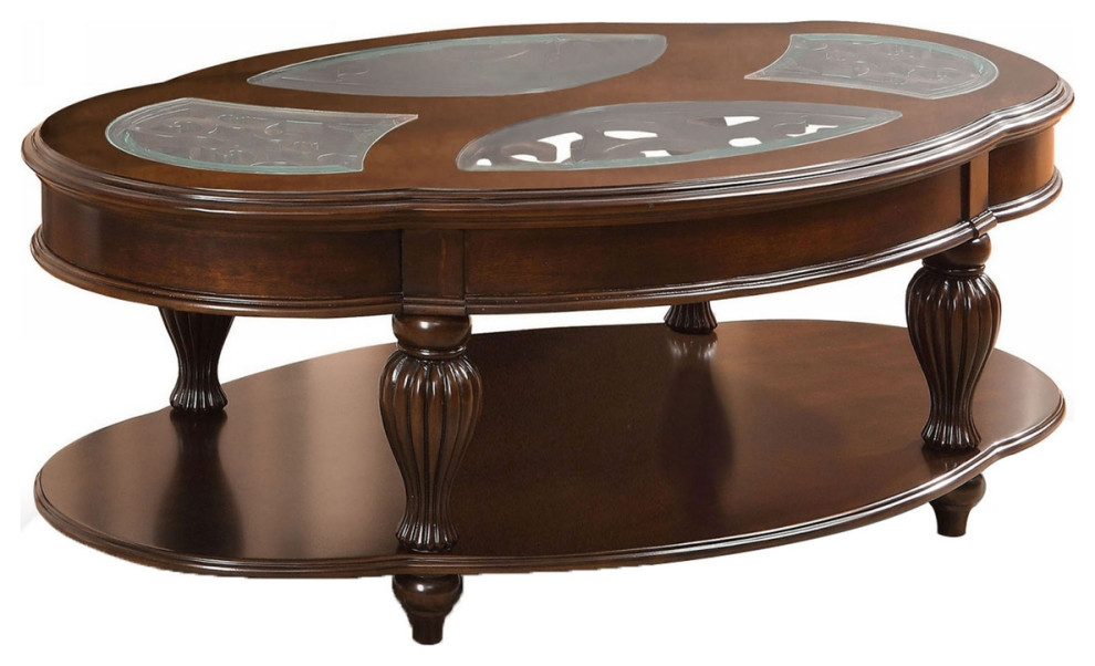 54 Inch Classic Coffee Table Glass Insert Top Reeded Legs Bottom Shelf   Traditional   Coffee Tables   by VirVentures  Houzz