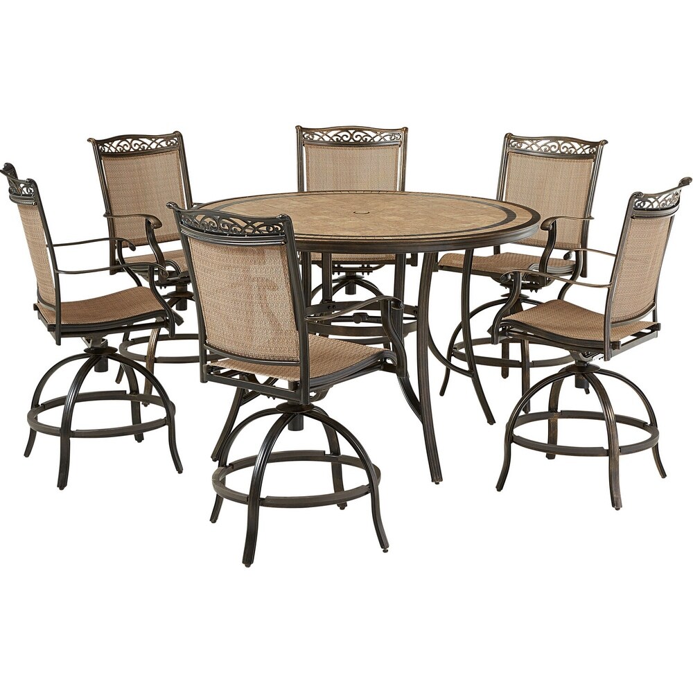 Hanover Fontana 7 Piece High Dining Set with 6 Counter Height Swivel Chairs and a 56 in. Tile Top Table