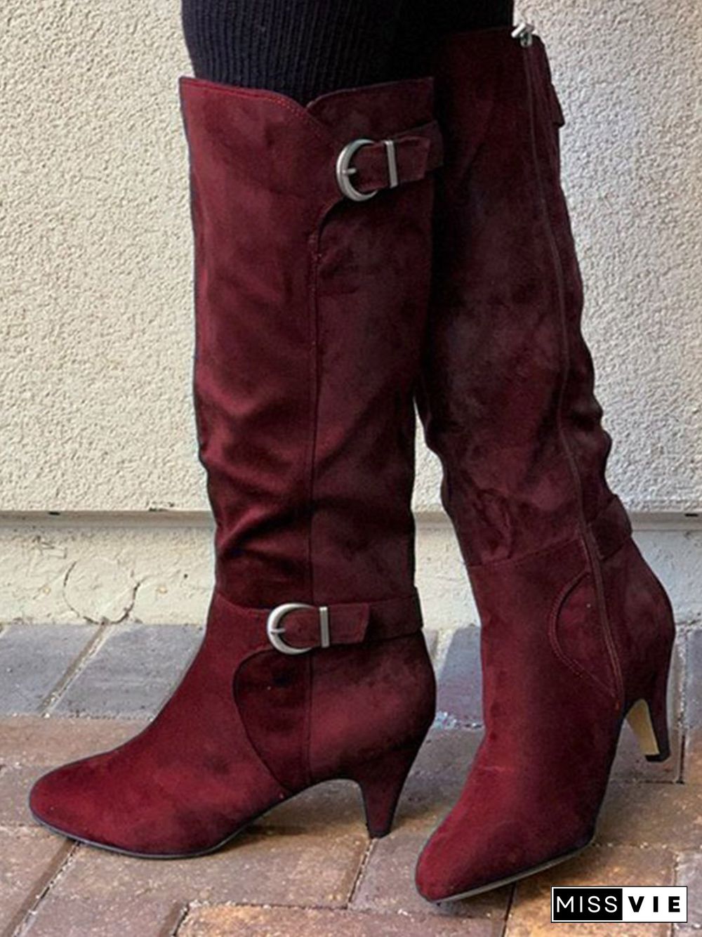 Simple Plain Adjustable Buckle Zipper Mid Calf Boots