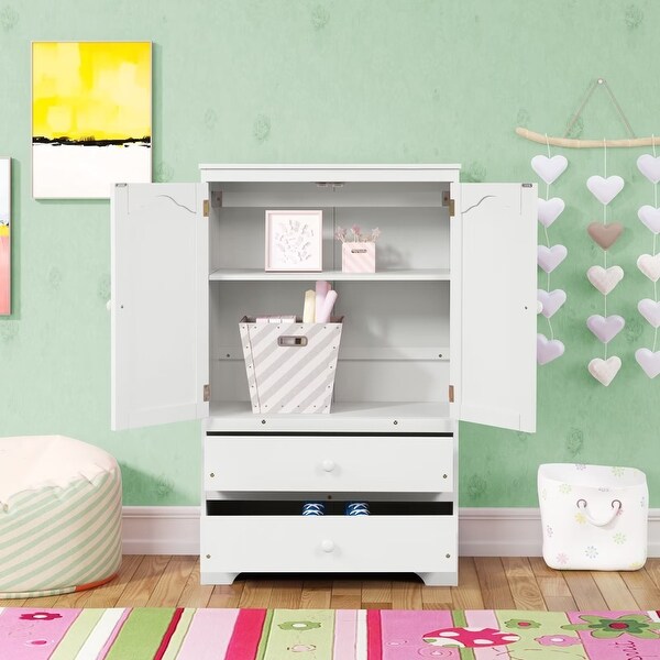 Cute Children's Wardrobe Side Cabinet 2 Doors with 1 Clothes Rail， 1 Shelf， 2 Drawers， Anti-Falling Hardware - - 36073581