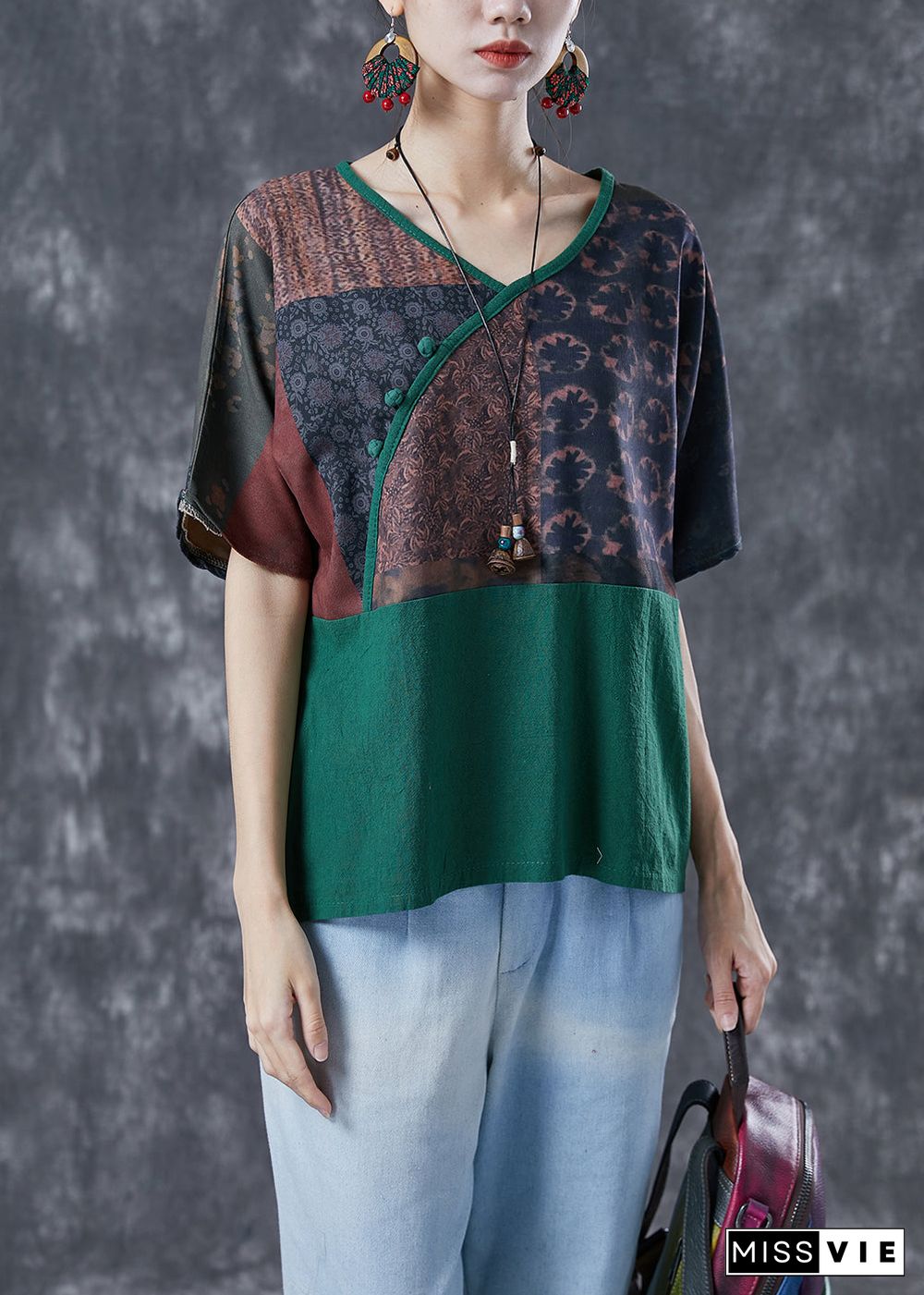 Blackish Green Patchwork Linen Blouses Oversized Print Summer