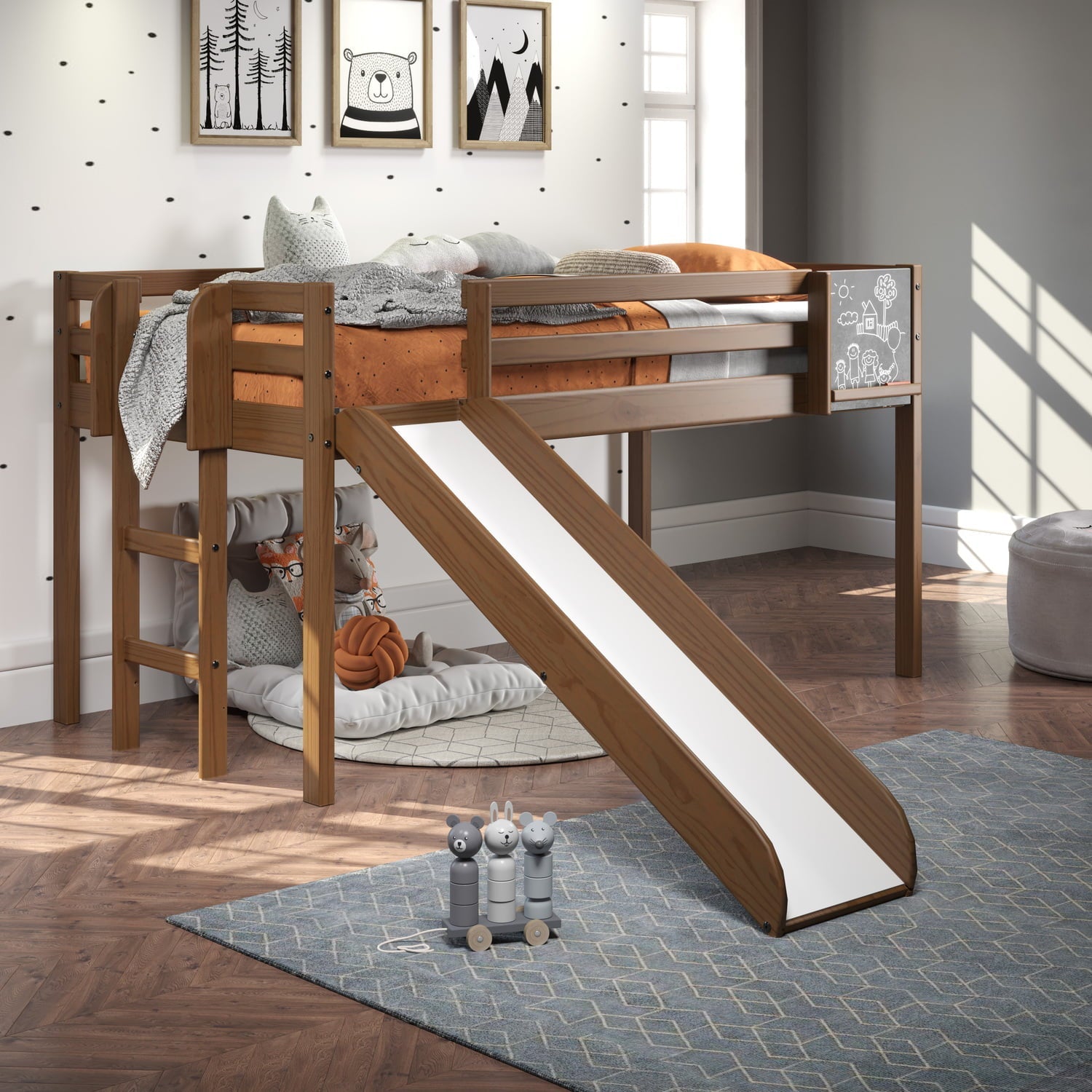 Naomi Home Cindy Kids Loft Bed with Slide, Twin Loft Bed with Slide, Loft Bed with Slide, Loft Bed Slide with Ladder, Chalkboard, Pine Wood Space Saving Kids Bed Frame for Boys, Girls, Latte