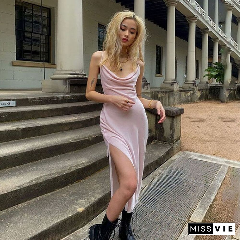 Summer Fashion Sexy Camis Dress Women Strap Midi Dress Loose Backless Pink Solid Party Dress Street Wear Lady Clothes New