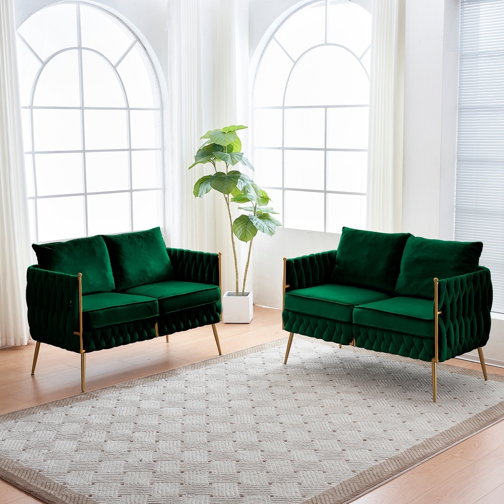 2pcs Loveseat Sofa Sets  Living Room Woven Double Chair Sofa Velvet Accent Armchair Loveseat with Thick Back  Metal Legs  Green