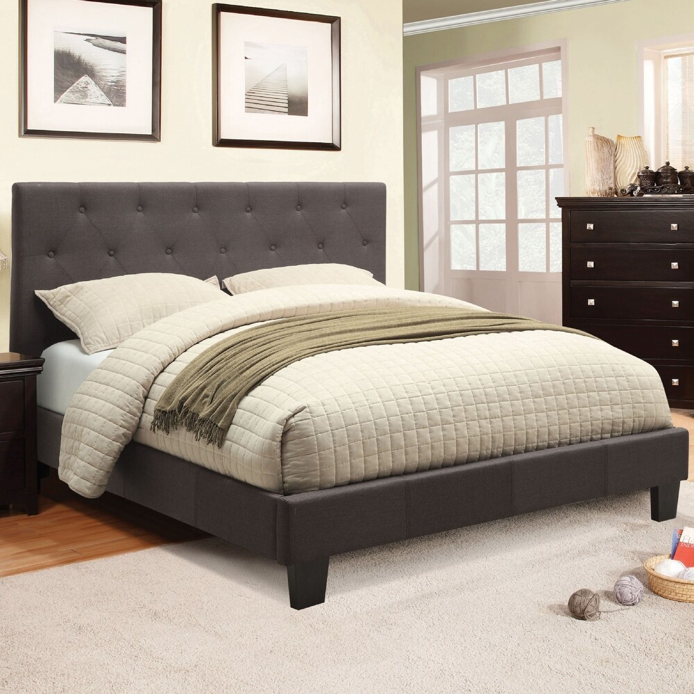 Perdella Contemporary Grey Fabric Tufted Low Profile 2 Piece Platform Bed with Nightstand Set by Furniture of America