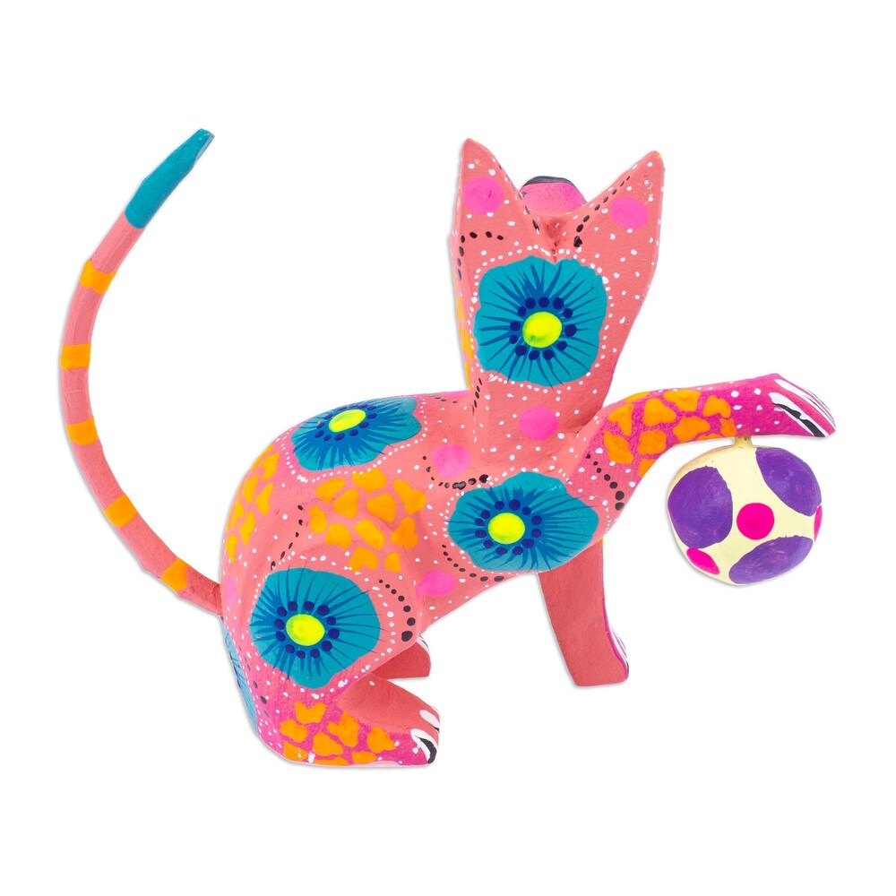 Novica Handmade Cute Cat With Ball Wood Alebrije Figurine