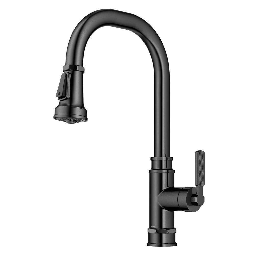 KRAUS Allyn Transitional Industrial Pull-Down Single Handle Kitchen Faucet in Spot-Free Black Stainless Steel KPF-4101SFSB