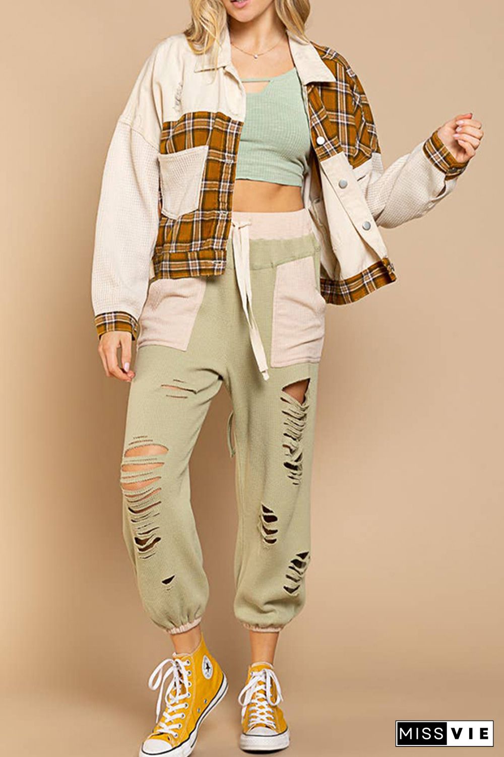 White Ripped Splicing Plaid Waffle Knit Denim Short Length Jackets