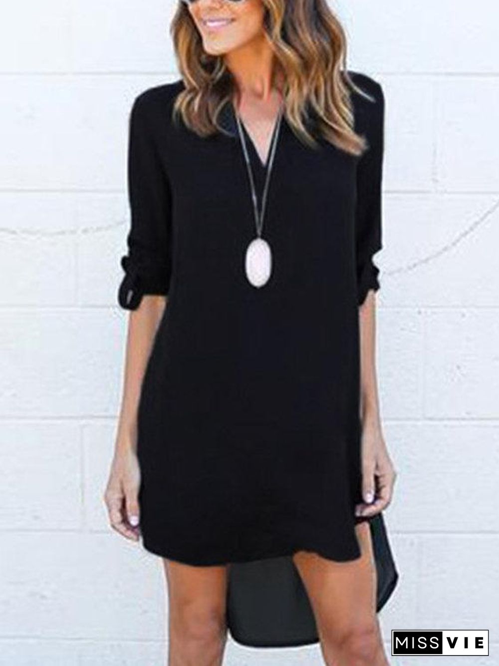 Black V-Neck Long Sleeves Irregular Hem Chiffon Dress