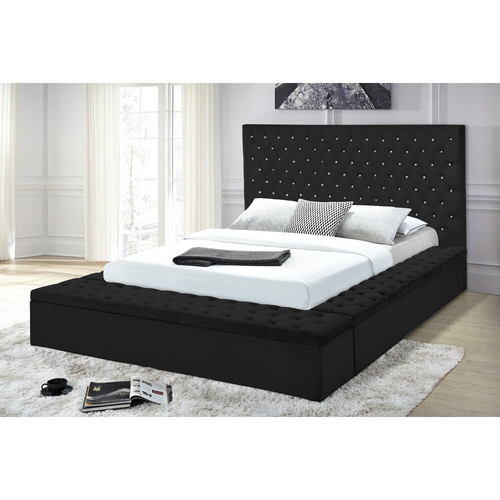 Titanic Furniture Folier Black Velvet Tufted Storage Bed with Faux Diamonds