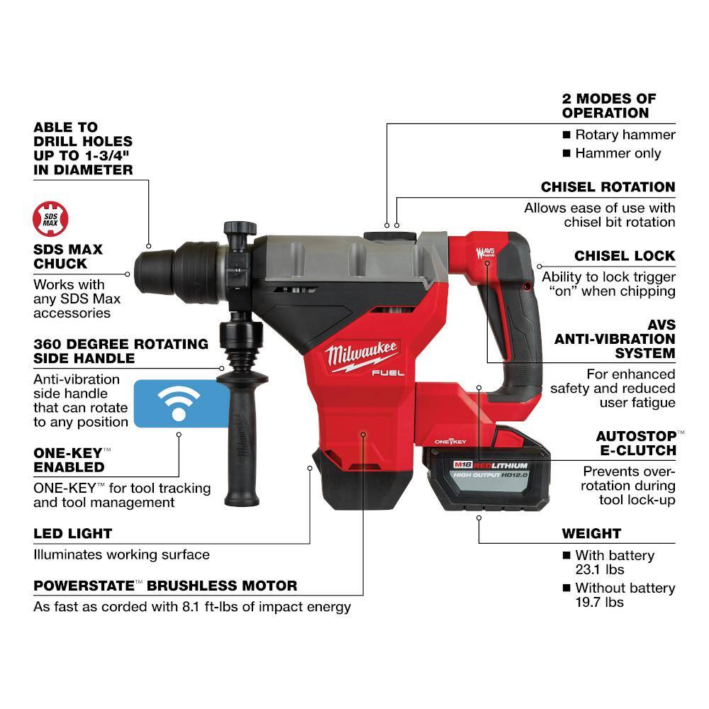 MW M18 FUEL ONE-KEY 18V Lithium-Ion Brushless Cordless 1-34 in. SDS-MAX Rotary Hammer with Two 12.0 Ah Battery 2718-22HD